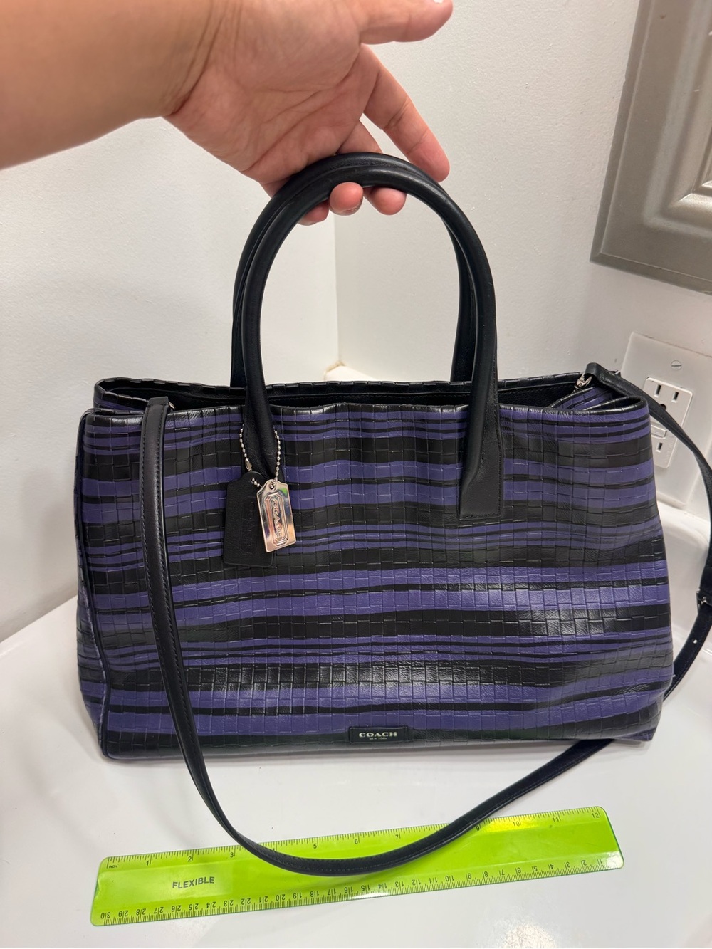 Coach Black and Purple Striped Leather Tote with Detachable Strap